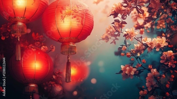 Fototapeta Radiant Lanterns: Illuminated red lanterns and delicate blossoms create a festive and enchanting scene. This evocative image captures the spirit of celebration.