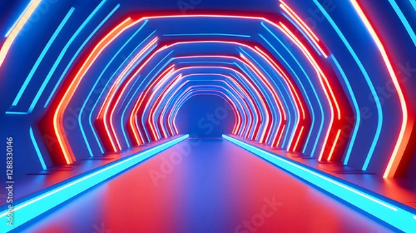 Fototapeta 3D rendering of sci-fi stretch background with geometric tunnel and neon lines, 3d rendering concept illustration