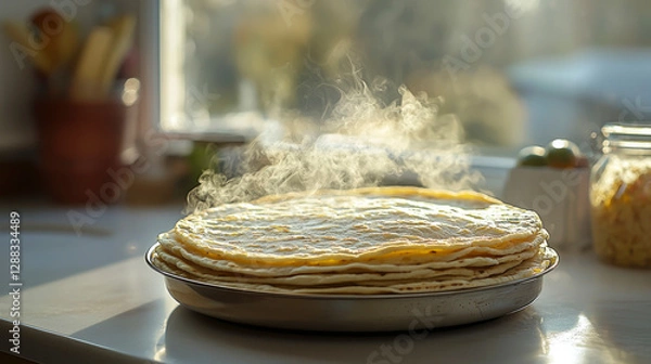 Obraz Steaming tortillas piled high in a tortilla warmer create a comforting atmosphere in a sunlit kitchen, promising delightful meals to come