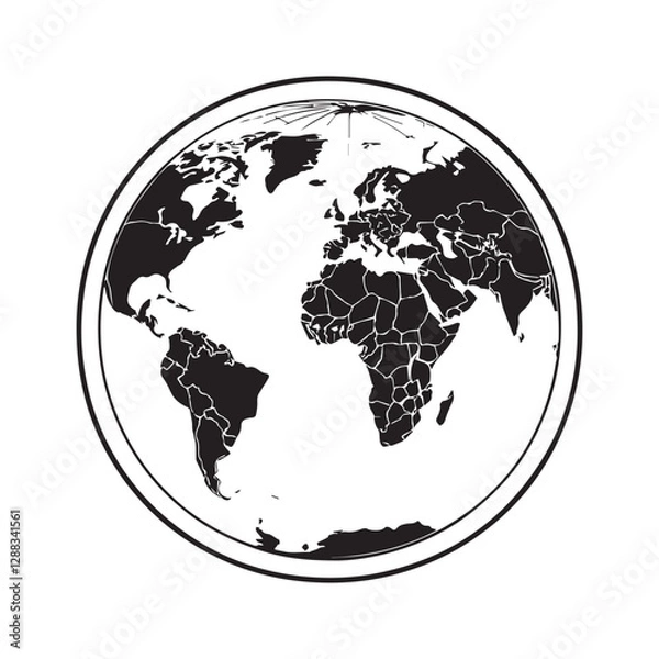 Fototapeta Minimalistic Black and White Globe Vector Illustration with Circular Border, Featuring High-Contrast Silhouette of North America, South America, Europe, and Africa for Maps, Environment, and Global Co