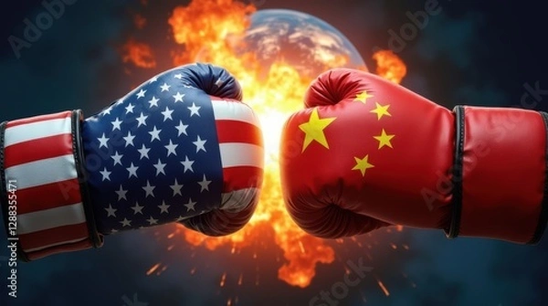 Fototapeta Conflict embodied as US and China boxing gloves clash against a backdrop of planet Earth, symbolizing the ongoing trade tensions and economic rivalries shaping the world today