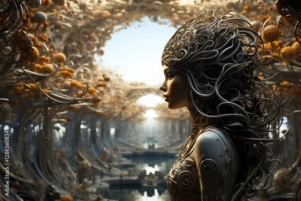 Fototapeta there is a woman with a head of hair and a helmet on