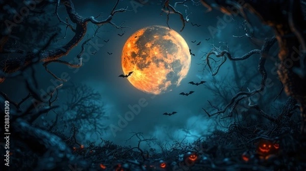 Fototapeta Silhouettes of bats flying across a glowing full moon, framed by twisted branches, creating a dark and spooky night-time atmosphere.
