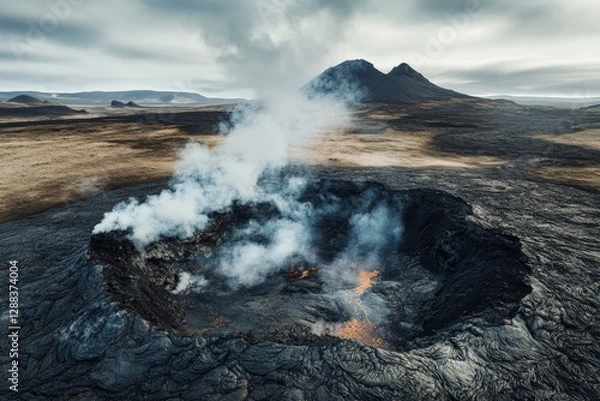 Fototapeta Volcanic crater features bubbling lava and smoke amidst a rugged landscape in remote area. Generative AI