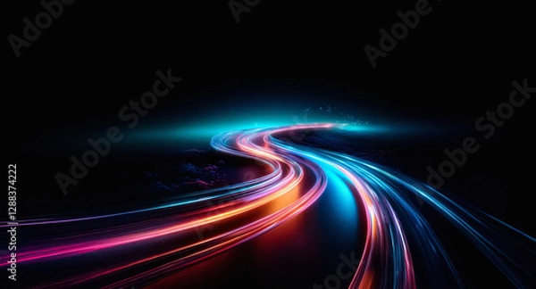 Fototapeta Streaking colorful lights on black backdrop. Dynamic motion created by vibrant blue, cyan, red, and pink light trails in dark space.