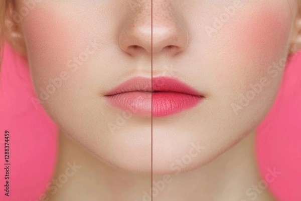 Fototapeta Soft healed lip blush tattoo showcasing natural enhancement on model’s lips with a vibrant background. Generative AI