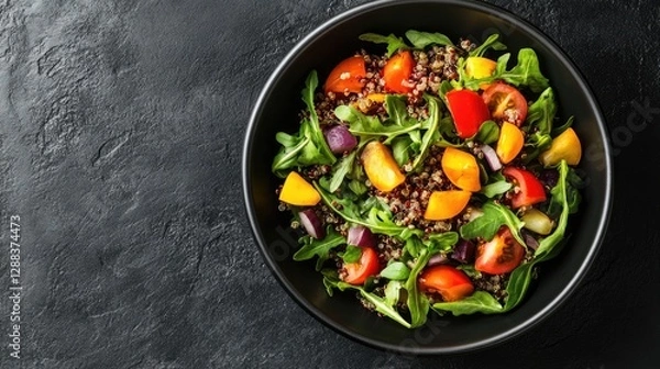 Obraz A bowl of processed plant-based quinoa salad with vegetables, served with space for customization.