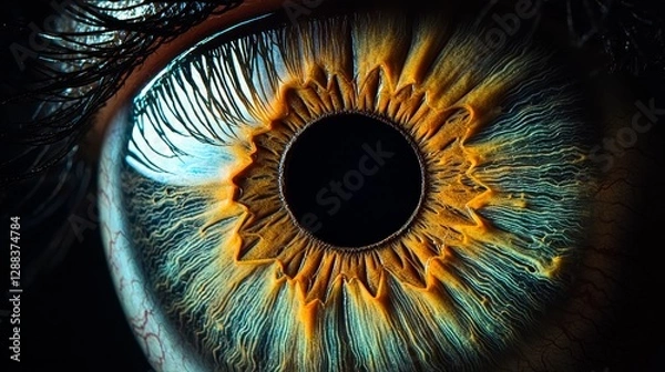 Fototapeta Macro View of a Human Eye, Close-up Iris Detail, Striking Blue and Orange Color Palette, eye, macro, human