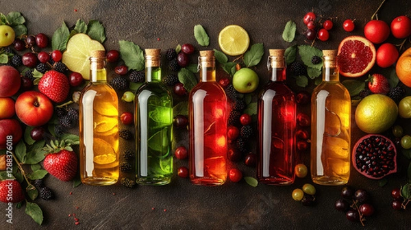 Fototapeta Bottles with different colors of juice and smoothie on the background of fruits. Advertising photos. Top view.