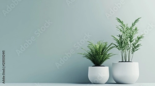 Fototapeta Minimalist arrangement of ornamental potted plants on a solid soft-colored background, modern style