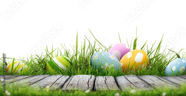 Obraz A template of six painted easter eggs celebrating a Happy Easter with a rustic wooden bench & green meadow grass to place products in front of with a transparent background