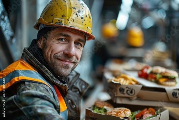 Fototapeta A construction worker smiles while sitting on a makeshift bench at a construction site, enjoying a meal. Surrounding him are boxes of food, showcasing a variety of burgers and fries
