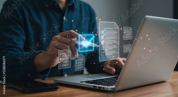 Obraz The marketing manager approved the survey form checklist with all the required checkmarks, signifying the acceptance of the survey questions and the process for collecting and analyzing the data.