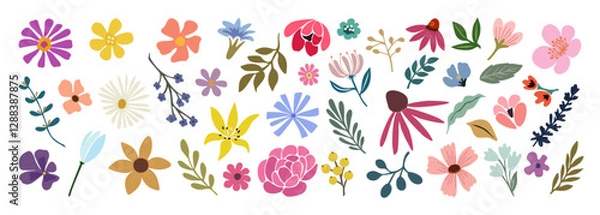 Fototapeta Set of hand drawn floral design elements, abstract shapes. Wild and garden flowers, leaves. Contemporary modern vector botanical art illustrations in trendy bright colors isolated