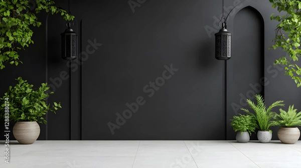Fototapeta Ramadan Kareem greeting. Islamic crescent moon and lantern. End of fasting. ramadan decorations, Eid al-Fitr. Breaking of holy fast day. Muslim holiday. Arab night sky.