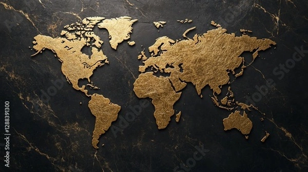 Fototapeta Golden world map on a black marble background detailed texture and elegant design