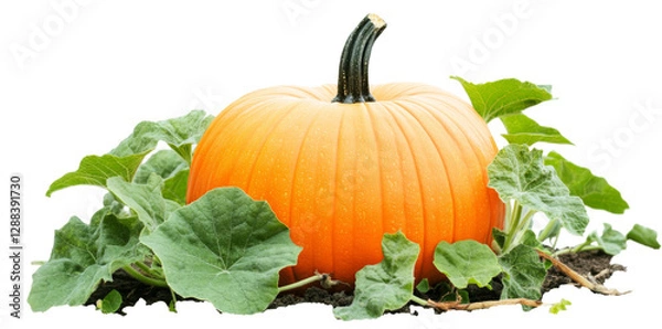 Fototapeta Vibrant pumpkin surrounded by green foliage transparent background png white space imagery nature scene