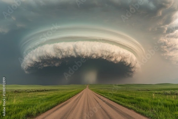 Fototapeta Tornado funnel cloud forming over a rural road in a vivid green landscape during a storm. Generative AI