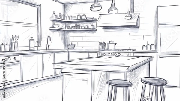 Fototapeta Sketch Style Kitchen Interior with Island and Bar Stools Illustration