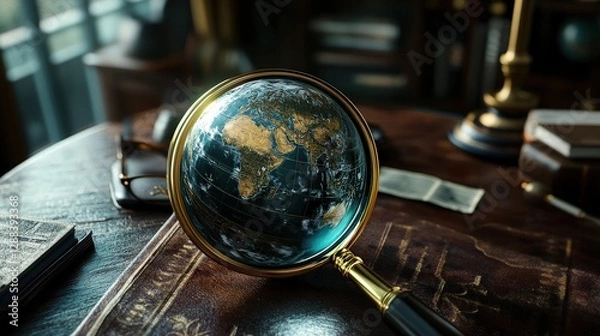 Fototapeta World under Scrutiny: A close-up view of a globe encapsulated within a magnifying glass rests upon an antique table, embodying concepts of exploration, discovery, and global awareness. 