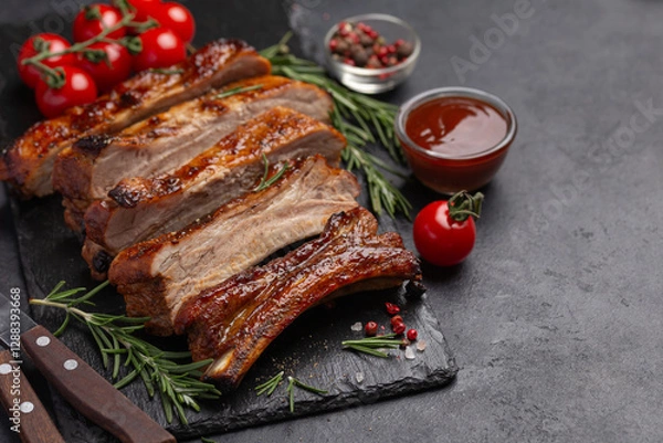 Fototapeta delicious sticky  grilled ribs with barbecue sauce