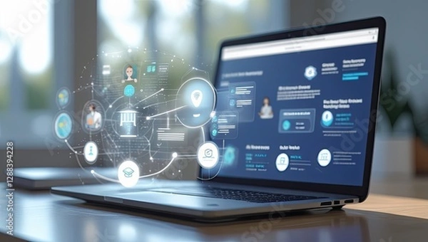 Fototapeta Futuristic holographic interface displaying business analytics, marketing strategies, and e-commerce solutions with interactive panels, AI-driven insights, and digital innovation.