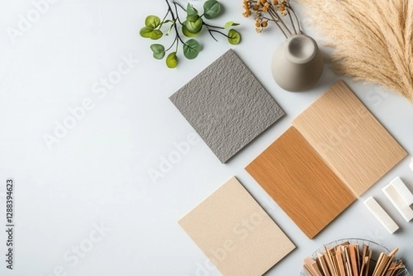 Obraz Neutral Flooring Swatches On A Light Surface With Natural Elements