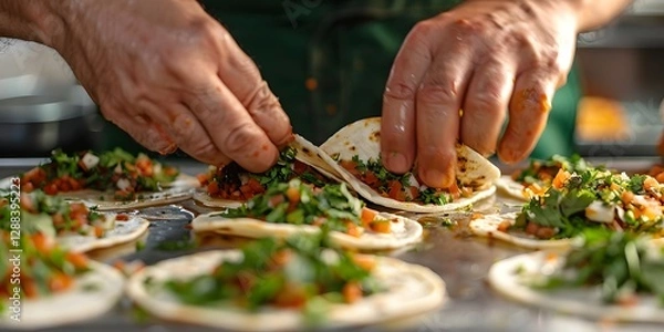 Fototapeta Culinary Craftsmanship: A skilled chef meticulously assembles a vibrant array of freshly made tacos, showcasing culinary artistry and the tantalizing appeal of authentic, delicious cuisine