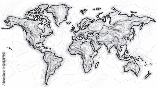 Fototapeta Detailed Topographic Map of the World with Line Art and Contour Lines on White Background