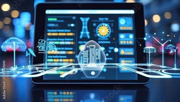 Fototapeta Interactive holographic panel displaying elements of e-commerce and marketing, featuring digital charts, analytical data, icons, and trends in the field of technology.