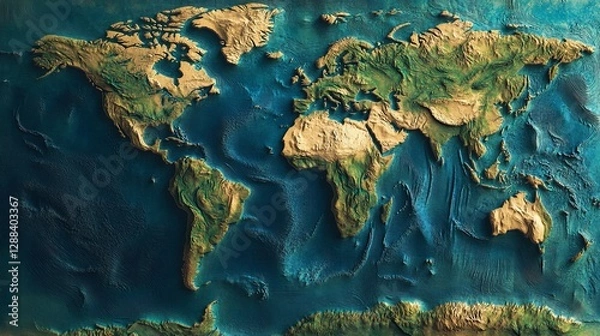 Fototapeta Detailed topographic world map with earth tones and ocean blue relief texture