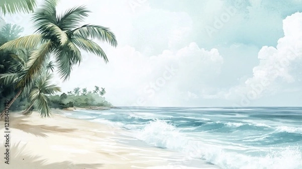 Fototapeta Watercolor painting of a tropical beach with palm trees and ocean waves