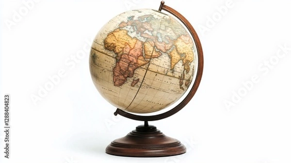 Fototapeta A vintage style globe of the world on a dark wooden stand against a plain background