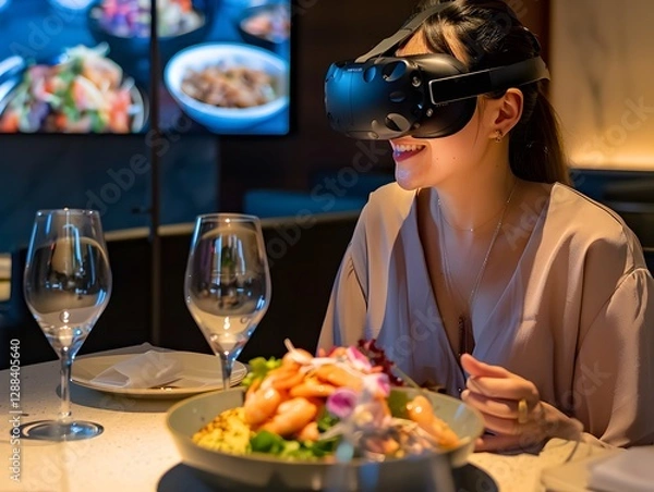 Fototapeta Virtual Dining Experience: A woman immersed in a virtual reality dining experience, glasses and plate of food, capturing a fusion of technology, gastronomy, and a hint of futuristic charm.