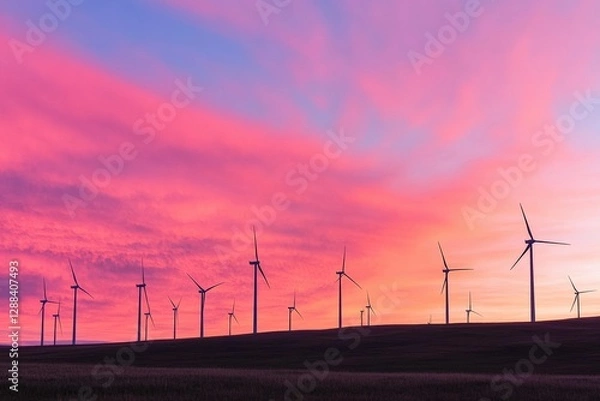 Fototapeta Wind farm at sunrise showcasing dozens of turbines against a vibrant sky with hues of pink and purple. Generative AI