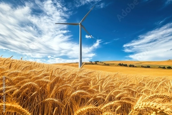 Fototapeta Wind turbine stands tall amidst golden wheat fields under a bright blue sky with fluffy clouds. Generative AI