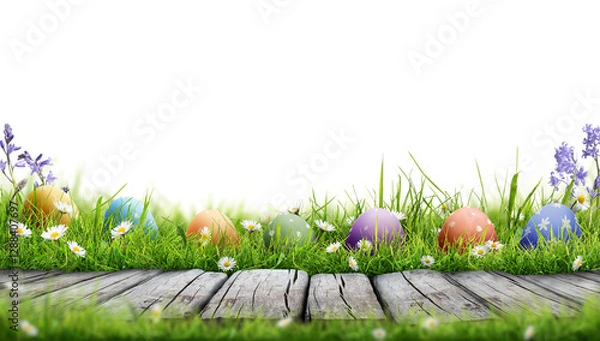 Obraz A template of seven painted easter eggs celebrating a Happy Easter with a rustic wooden bench & green meadow grass to place products in front of with a transparent background