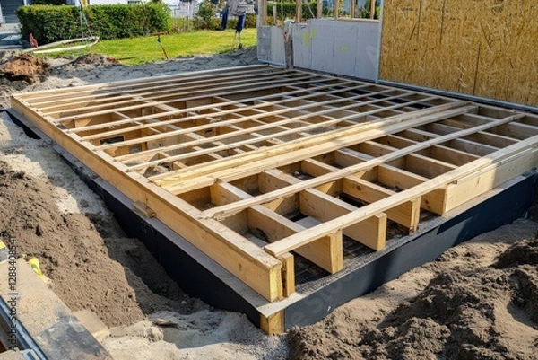 Fototapeta Wooden deck framework under construction in a backyard with landscaping in view. Generative AI