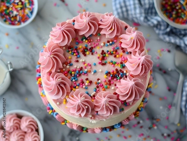 Fototapeta Sweet Celebration Cake: A beautifully decorated cake, adorned with pastel pink frosting swirls and a cascade of colorful sprinkles, sits enticingly on a marble surface.