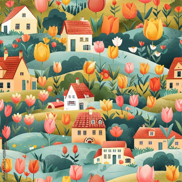 Fototapeta a spring drawing with a landscape. print with houses and flowers, tulips. Sweet village, vector, seamless pattern
