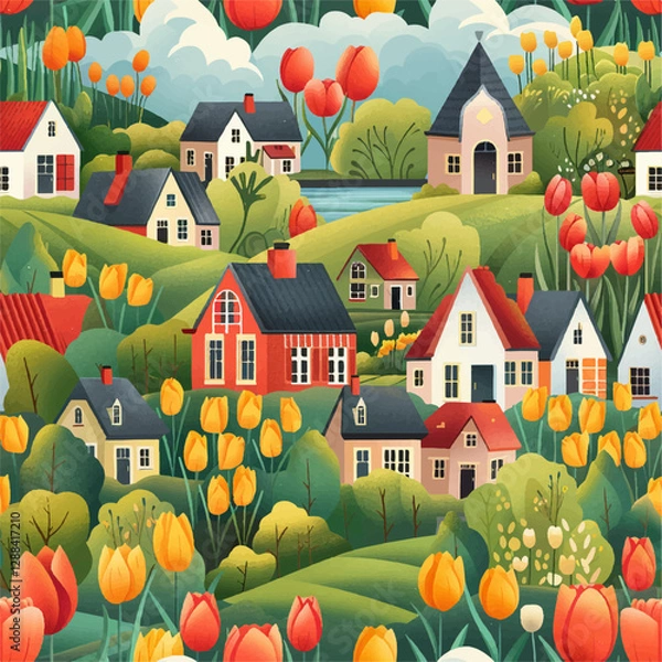 Fototapeta a spring drawing with a landscape. print with houses and flowers, tulips. Sweet village, vector, seamless pattern