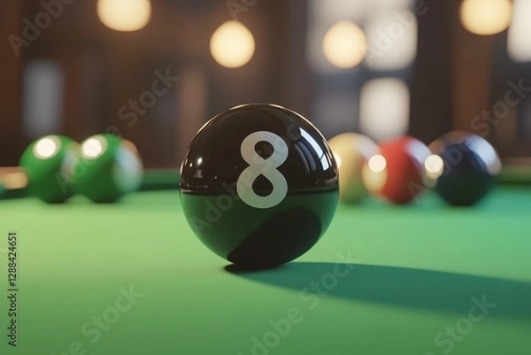 Obraz Black eight ball stands on green billiard table in blurred pool hall
