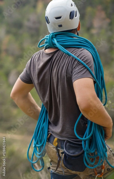 Fototapeta Man with a rope climbing in the mountains. Climbing in the mountains of Spain. Technical mountaineering.