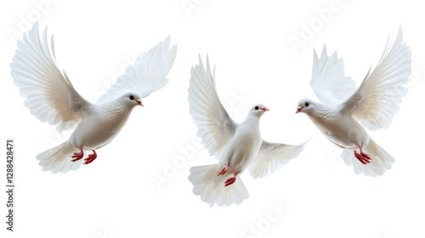 Obraz Three majestic white doves in flight transparent background png nature scene peaceful environment aerial view