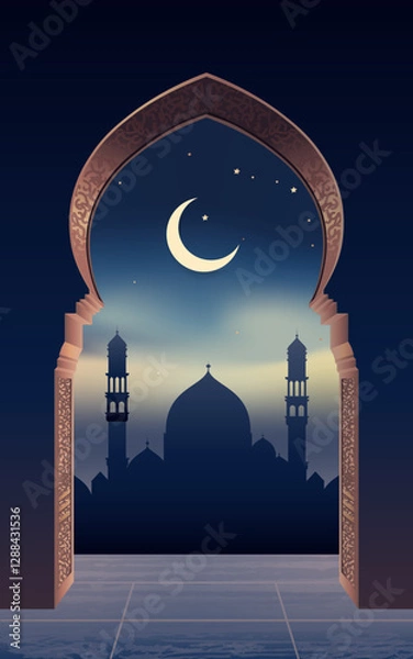 Fototapeta Ramadan Kareem arch entrance with mosque silhouette on night background. Modern Islamic greeting card template design. Poster and social media banner, vector illustration