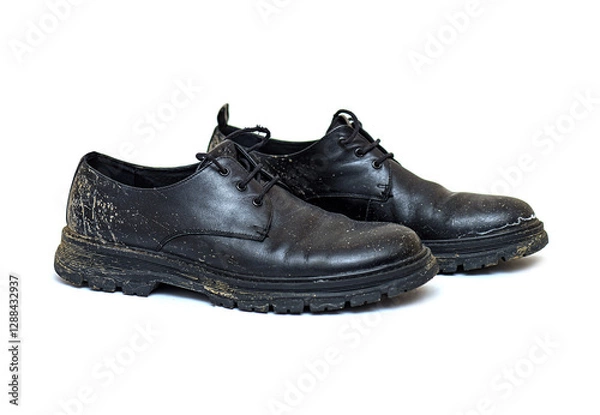 Obraz Pair of dirty classic shoes, boots after rain, isolated on white