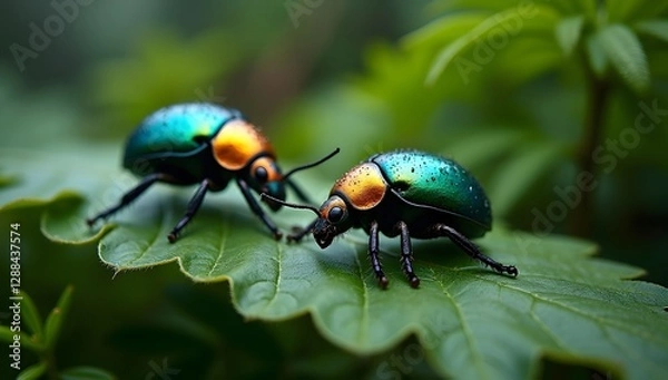 Fototapeta beetle on leaf with dew drops, macro photography, in tropical rainforest, realistic