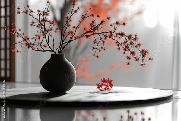 Obraz Red flowers in vase, minimalist zen scene
