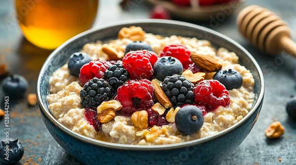 Fototapeta A bowl of oatmeal topped with fresh berries and nuts