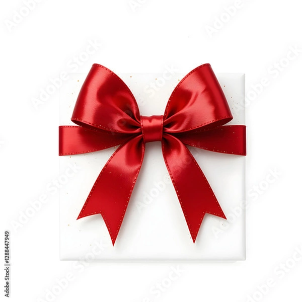 Fototapeta Red ribbon bow for gift box decoration, elegant festive ornament, shiny red ribbon with bow, isolated on white background